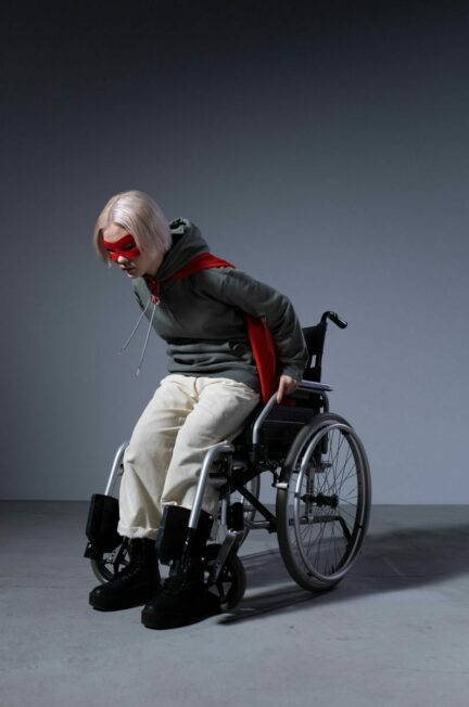 handicap fluctuant / Teenager in wheelchair with red cape embodying strength and courage in studio setting.