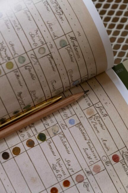 journal symptômes / Vintage notebook with artistic swatches, showcasing historic color samples and a pen and pencil on the surface.